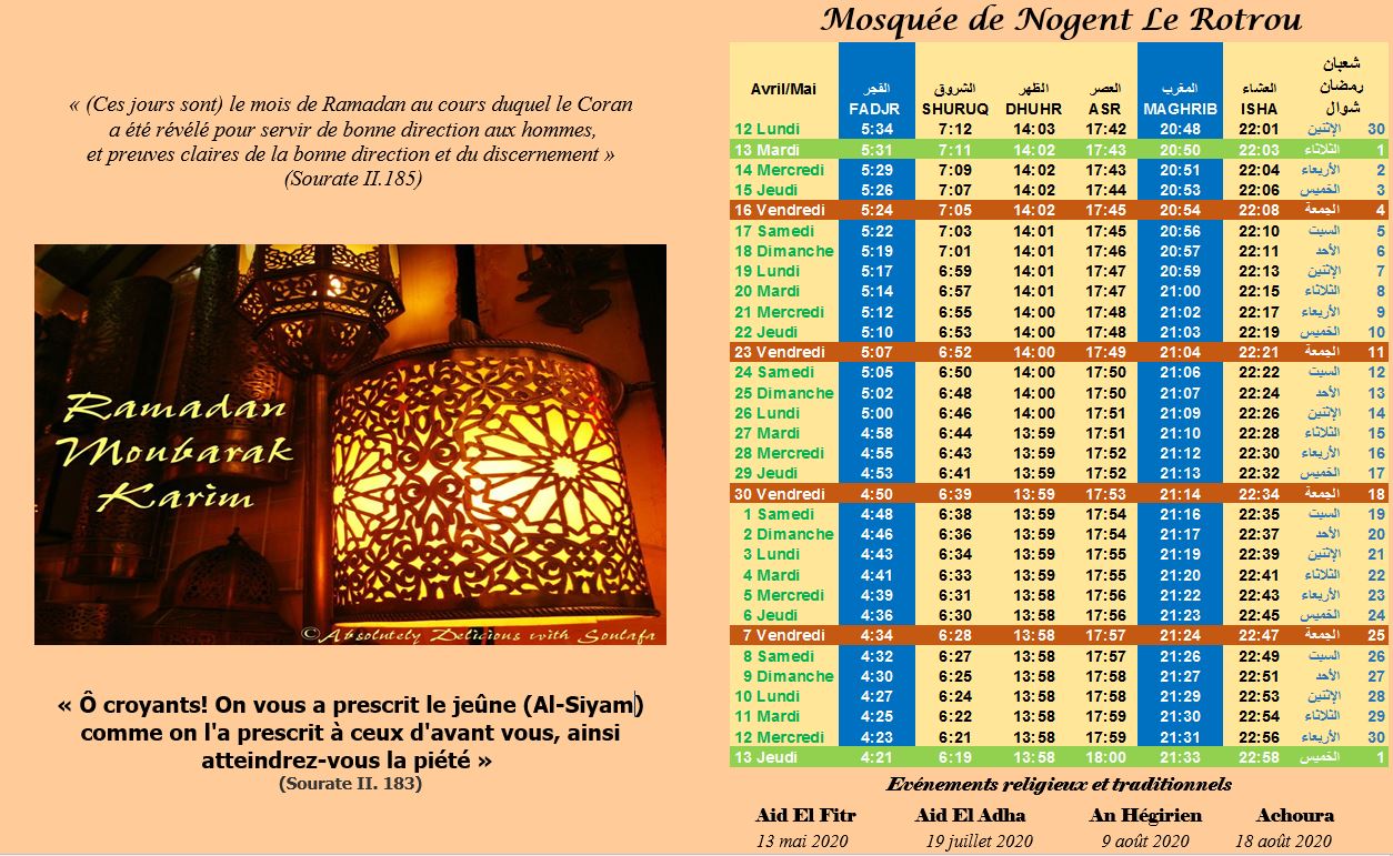 Calendrier du mois de Ramadan 2021 - Mosquée de Nogent le Rotrou